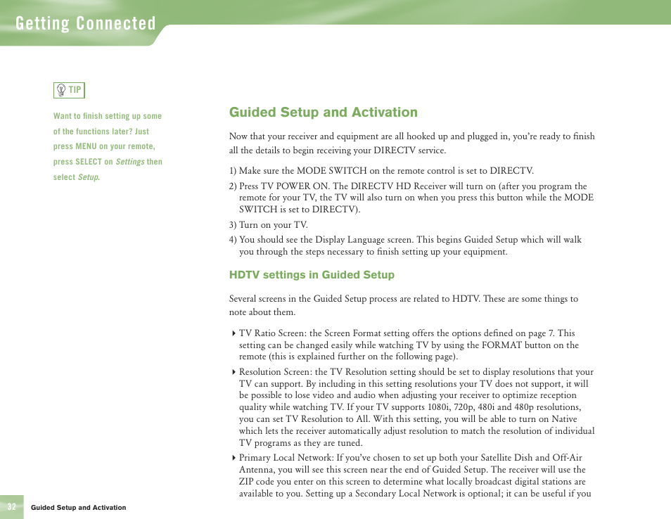 Getting connected, Guided setup and activation | DirecTV H10 User Manual | Page 36 / 104