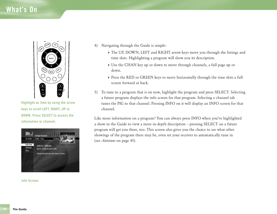 What’s on, 44 4) navigating through the guide is simple, Info screen | DirecTV H10 User Manual | Page 48 / 104