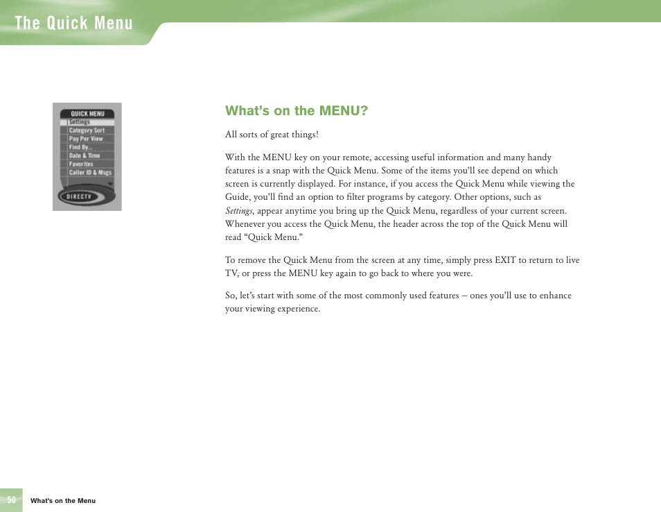 The quick menu, What’s on the menu | DirecTV H10 User Manual | Page 54 / 104