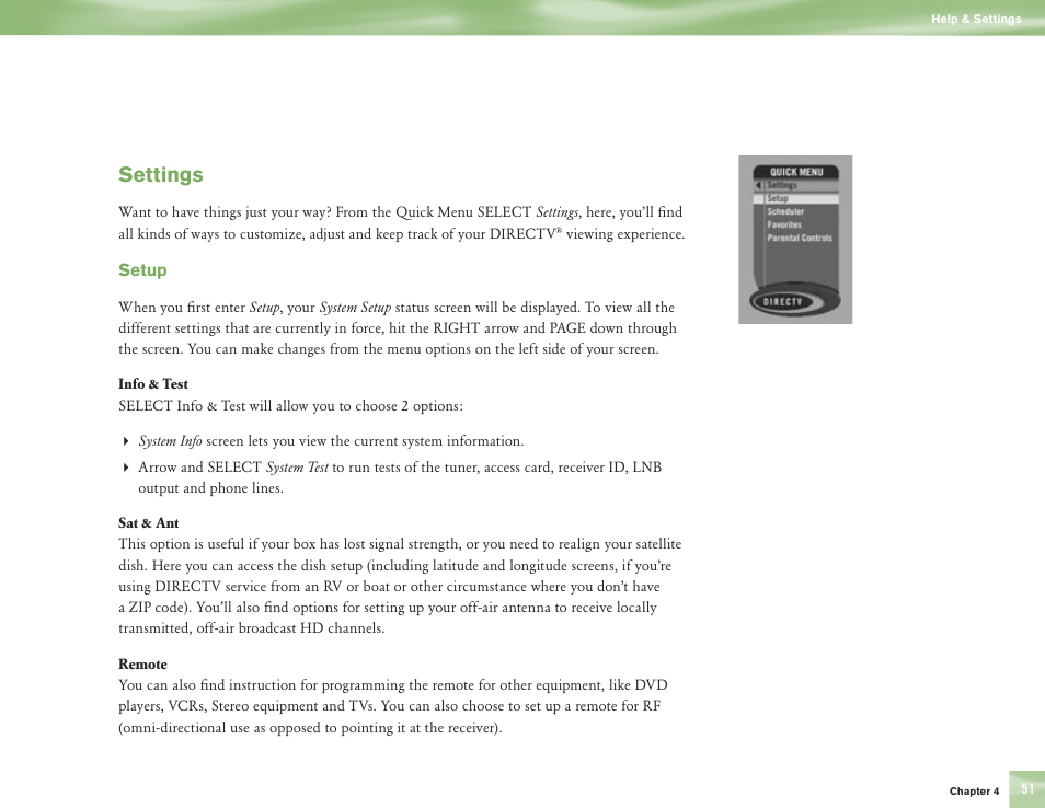 Settings | DirecTV H10 User Manual | Page 55 / 104