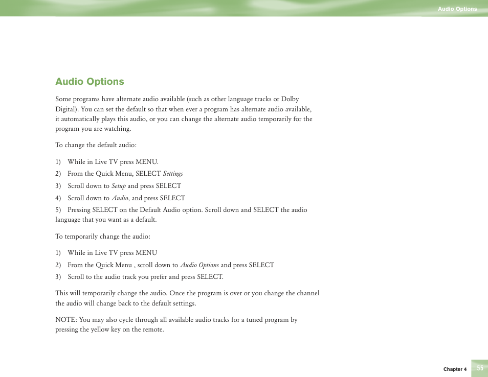 Audio options | DirecTV H10 User Manual | Page 59 / 104