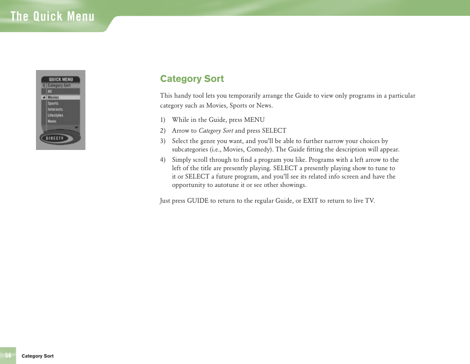 The quick menu, Category sort | DirecTV H10 User Manual | Page 60 / 104
