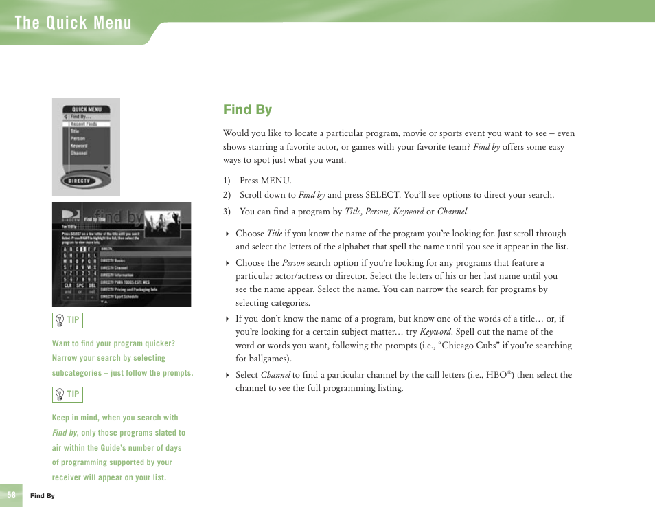 The quick menu, Find by | DirecTV H10 User Manual | Page 62 / 104