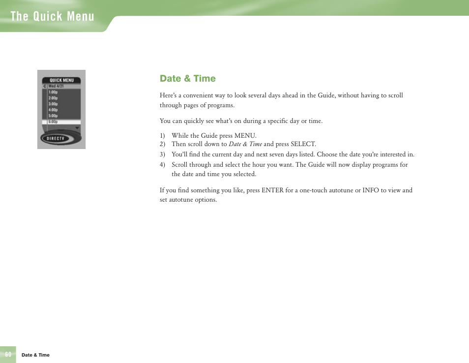 The quick menu, Date & time | DirecTV H10 User Manual | Page 64 / 104