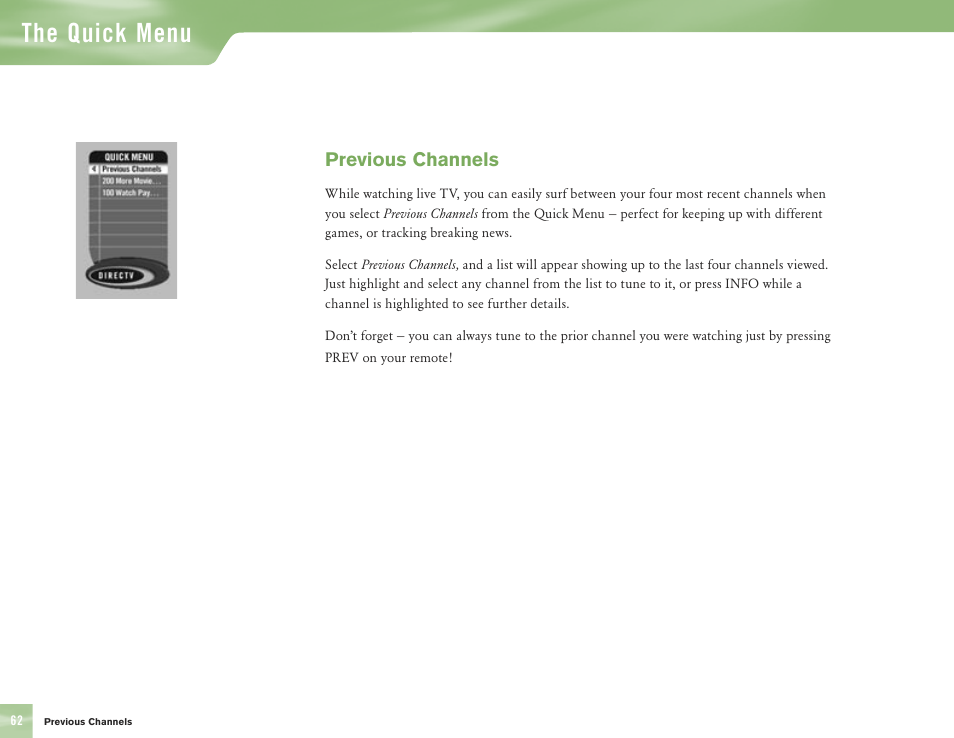 The quick menu, Previous channels | DirecTV H10 User Manual | Page 66 / 104