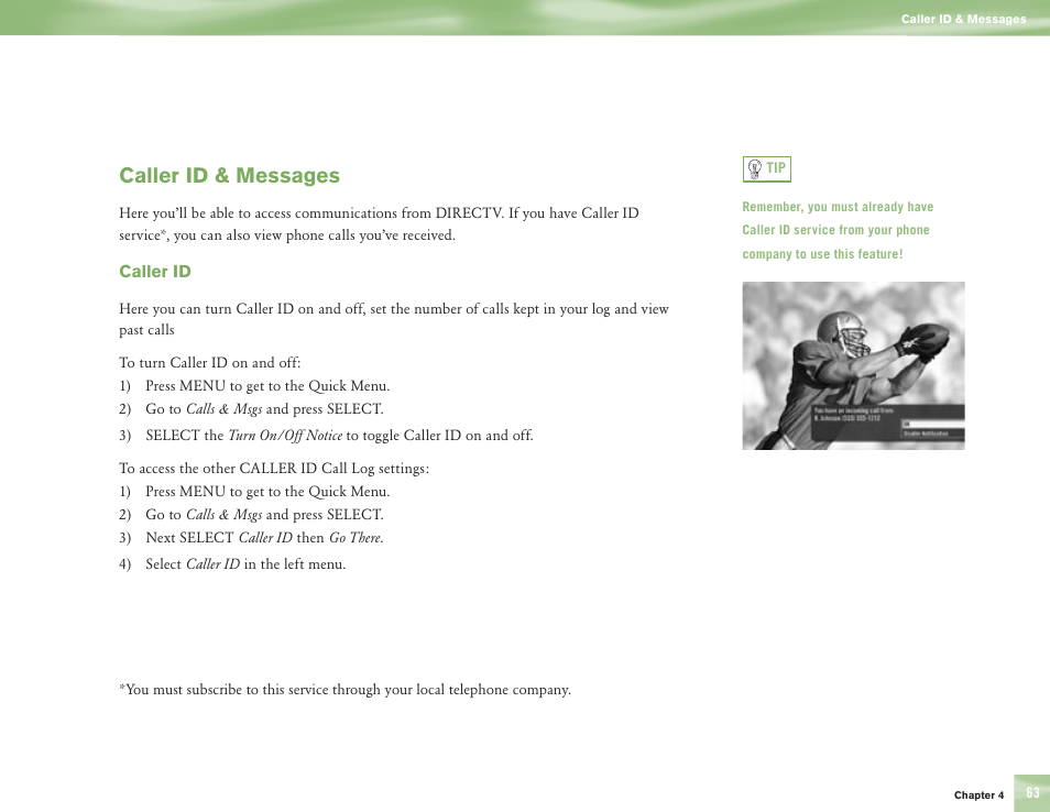 Caller id & messages | DirecTV H10 User Manual | Page 67 / 104