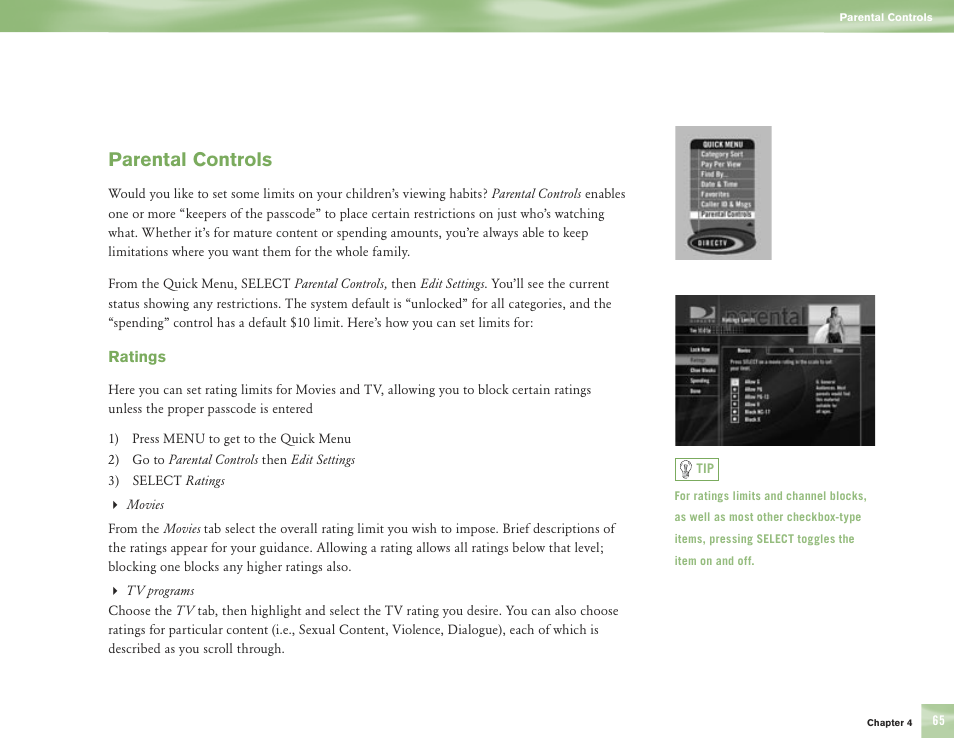 Parental controls | DirecTV H10 User Manual | Page 69 / 104