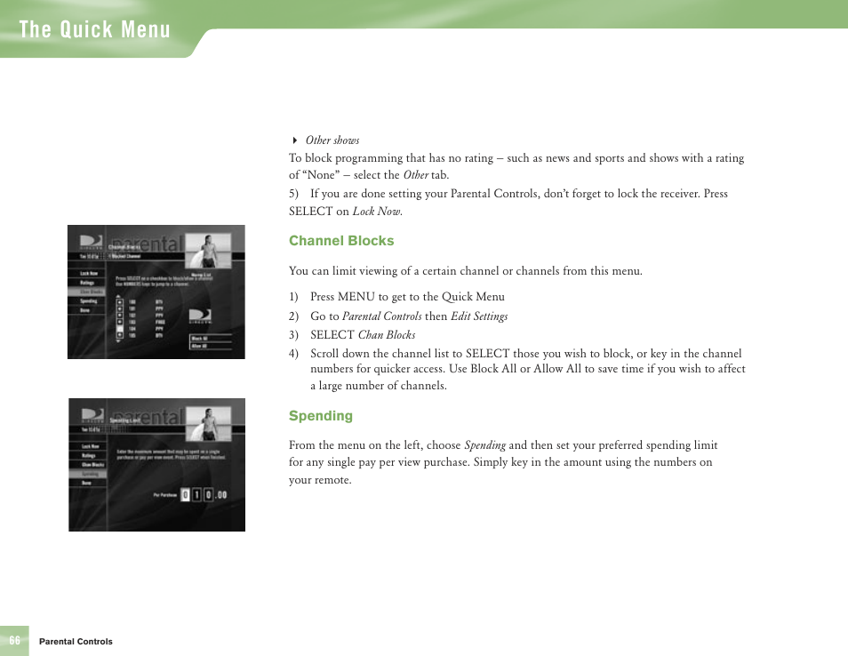 The quick menu | DirecTV H10 User Manual | Page 70 / 104