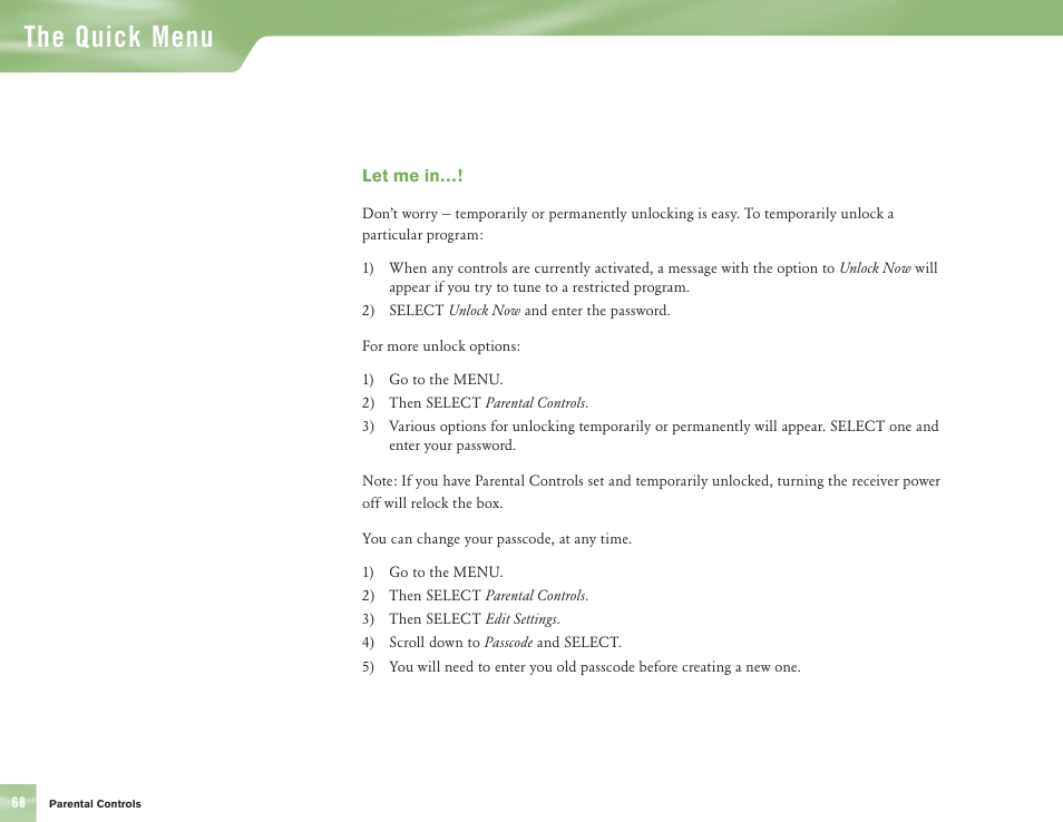 The quick menu | DirecTV H10 User Manual | Page 72 / 104