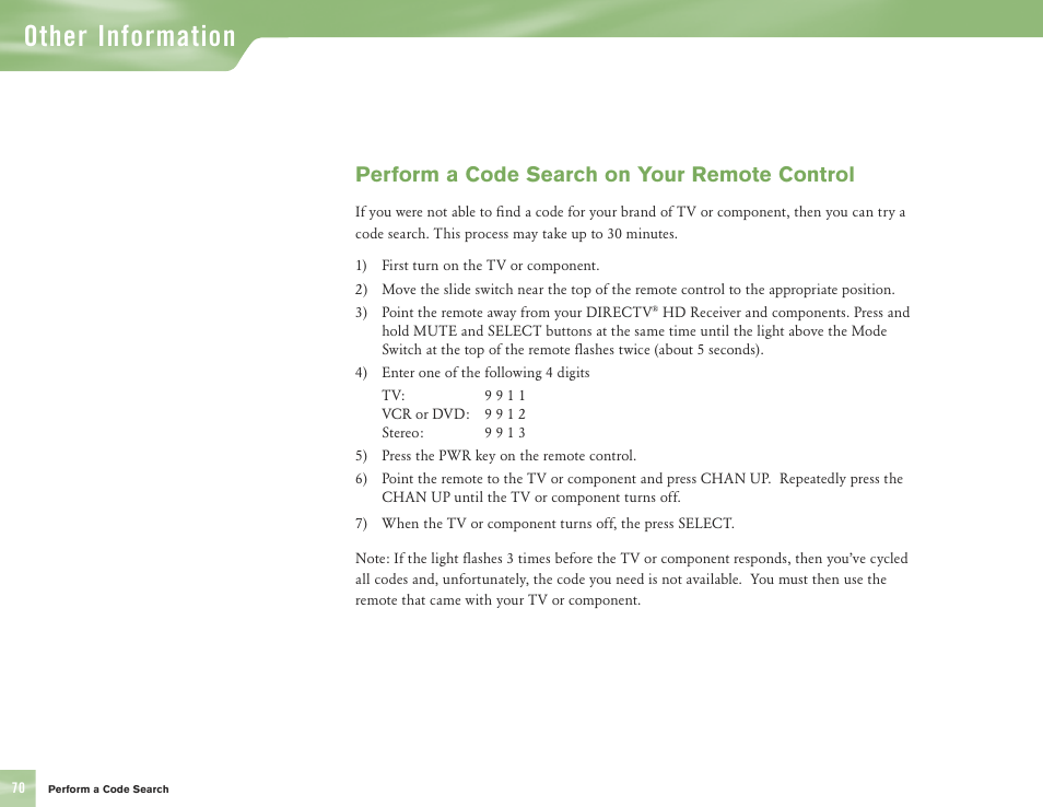 Other information, Perform a code search on your remote control | DirecTV H10 User Manual | Page 74 / 104