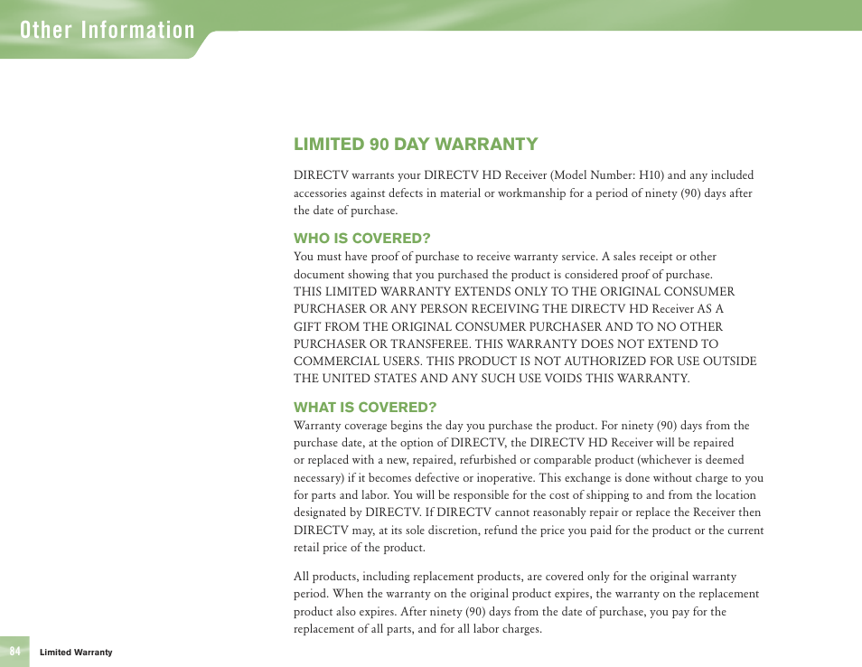 Other information, Limited 90 day warranty | DirecTV H10 User Manual | Page 88 / 104