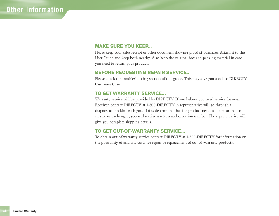 Other information | DirecTV H10 User Manual | Page 90 / 104