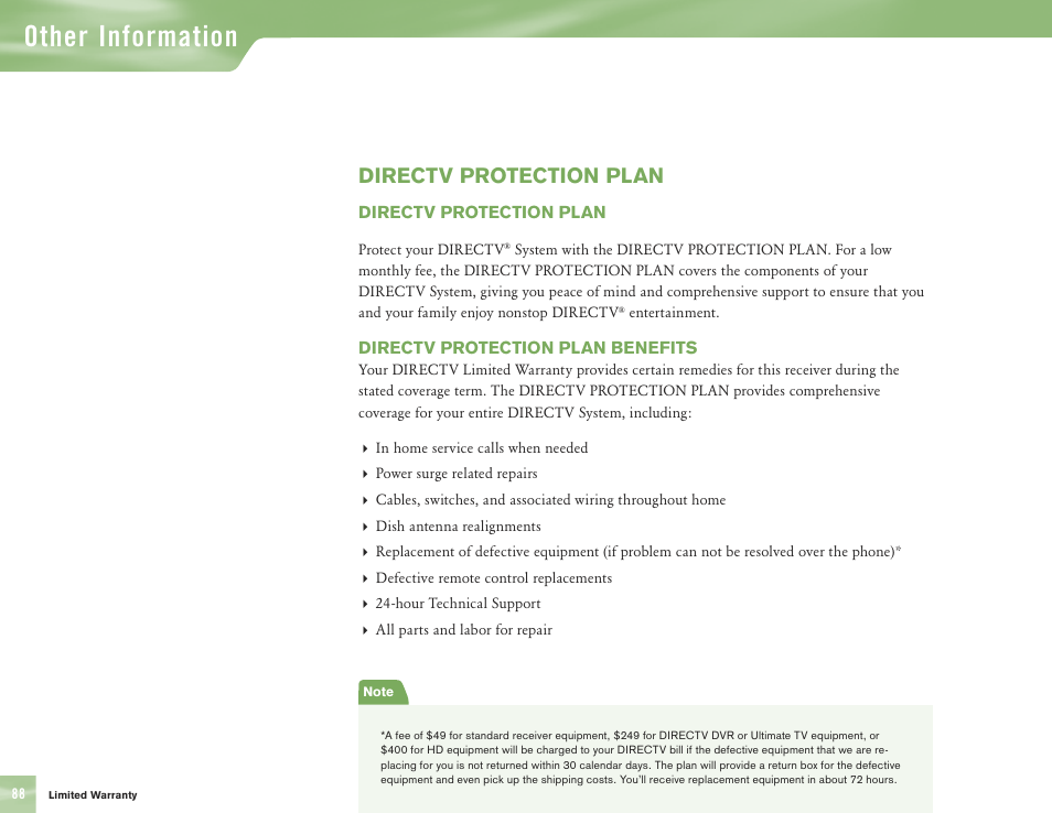 Other information, Directv protection plan | DirecTV H10 User Manual | Page 92 / 104