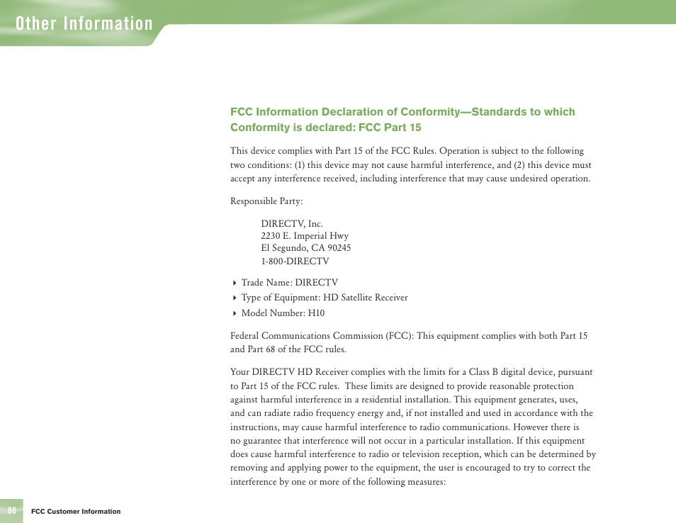 Other information | DirecTV H10 User Manual | Page 94 / 104