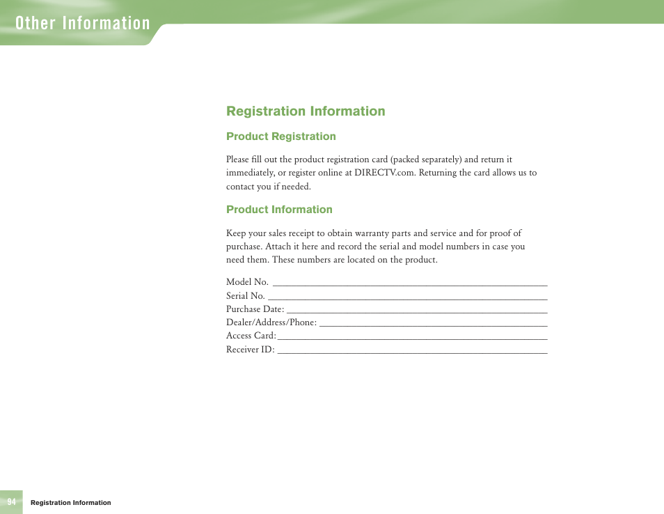 Other information, Registration information | DirecTV H10 User Manual | Page 98 / 104