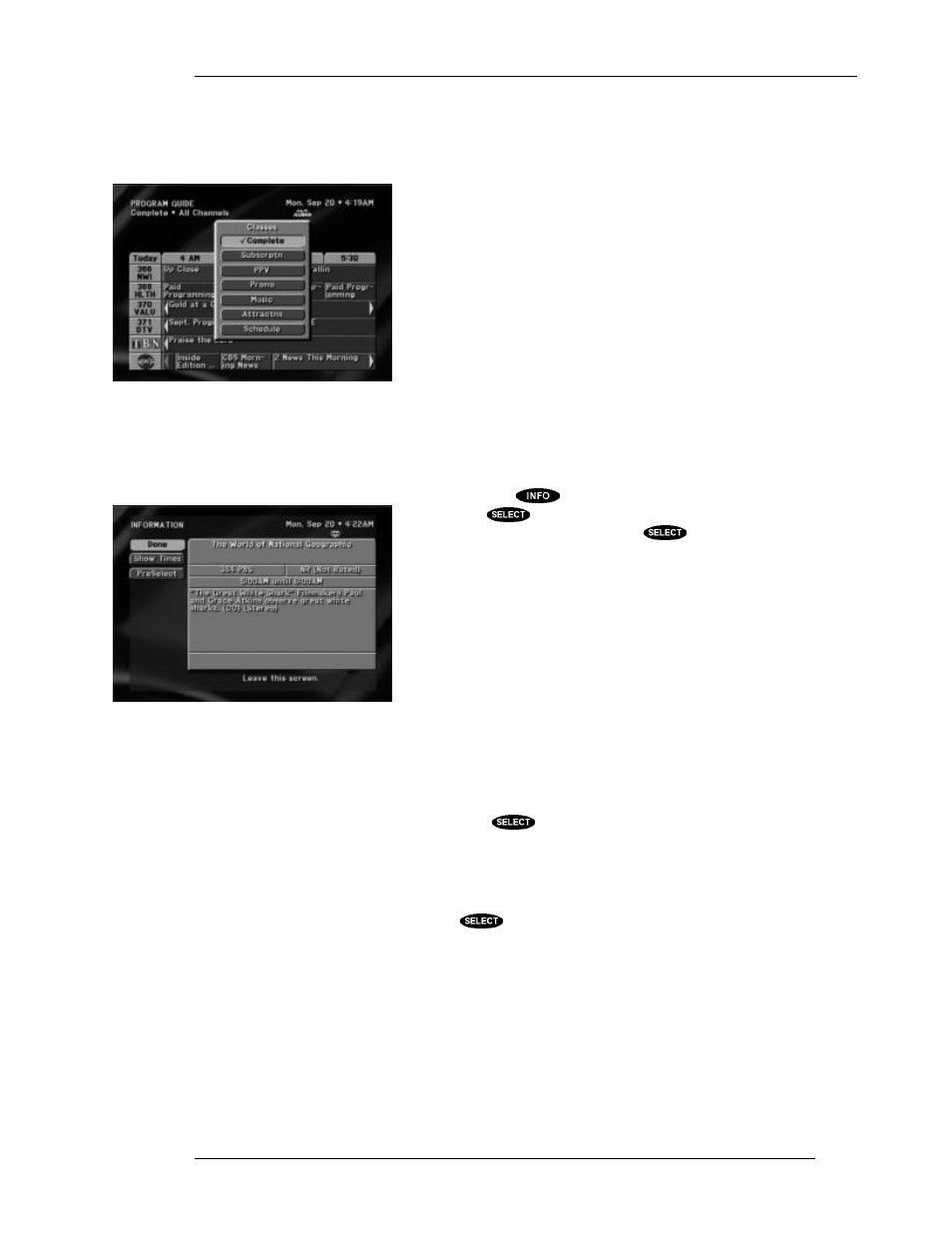 The information screen, Class filters, Done | View, Preselect | DirecTV HIRD-E11 User Manual | Page 53 / 82