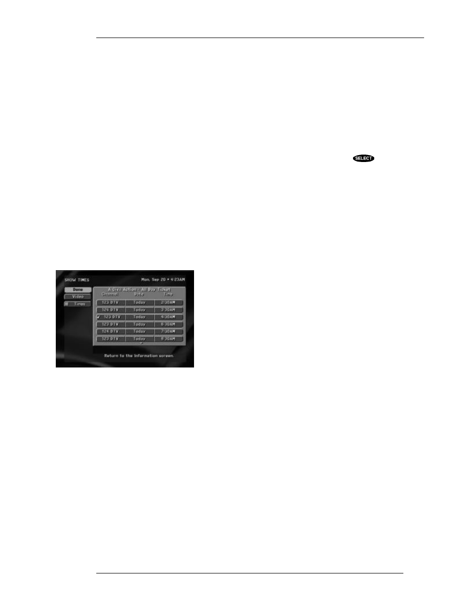 Buy options, Cancel purchase, Show times | DirecTV HIRD-E11 User Manual | Page 55 / 82