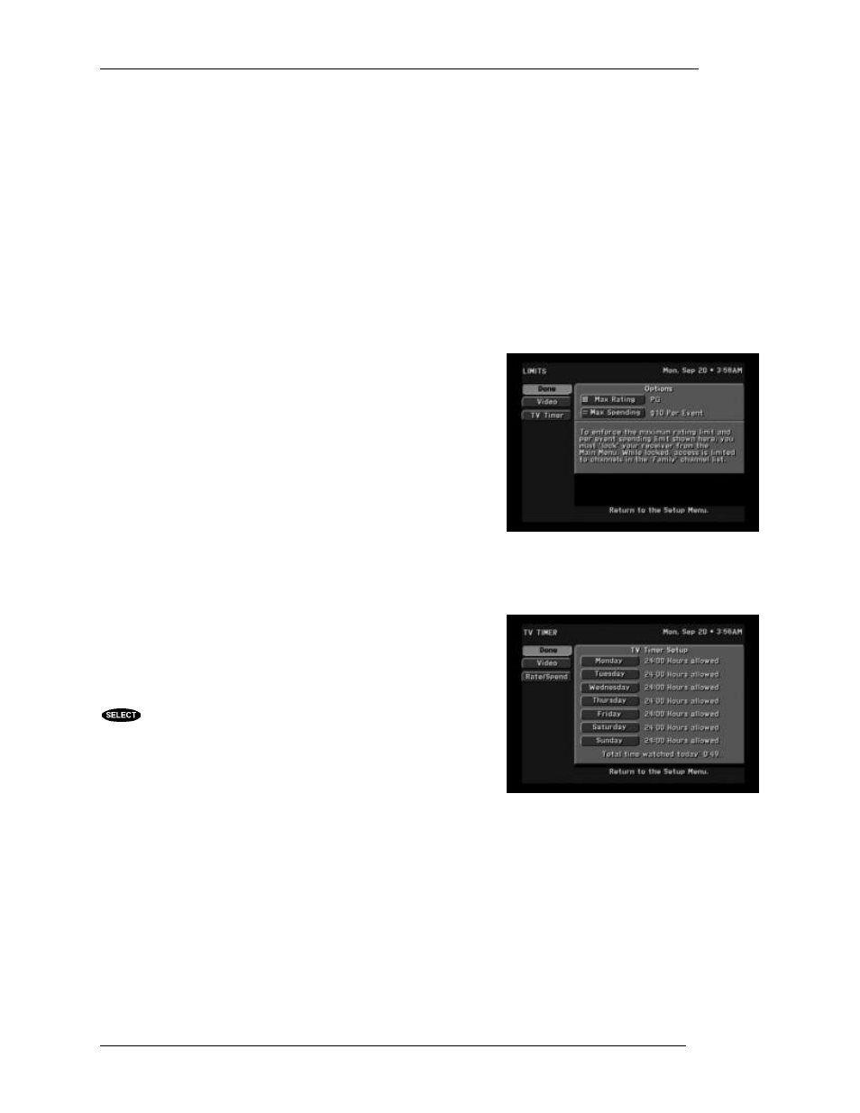 Limits, Places to go from the limits screen, Demo mode | Factory defaults, Tv timer | DirecTV HIRD-E11 User Manual | Page 66 / 82