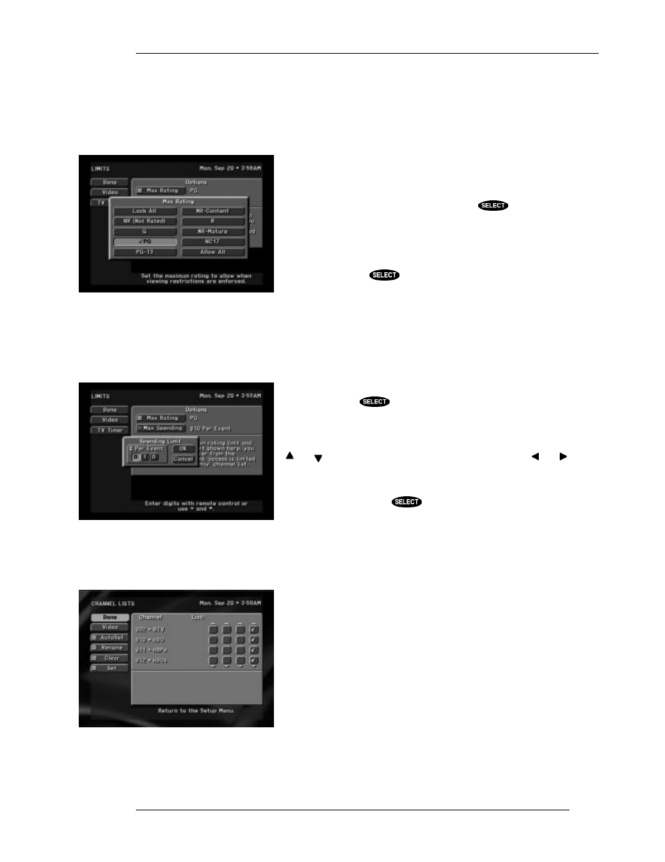 Channel lists, Things to do in the limits screen, Max rating | Max spending | DirecTV HIRD-E11 User Manual | Page 67 / 82