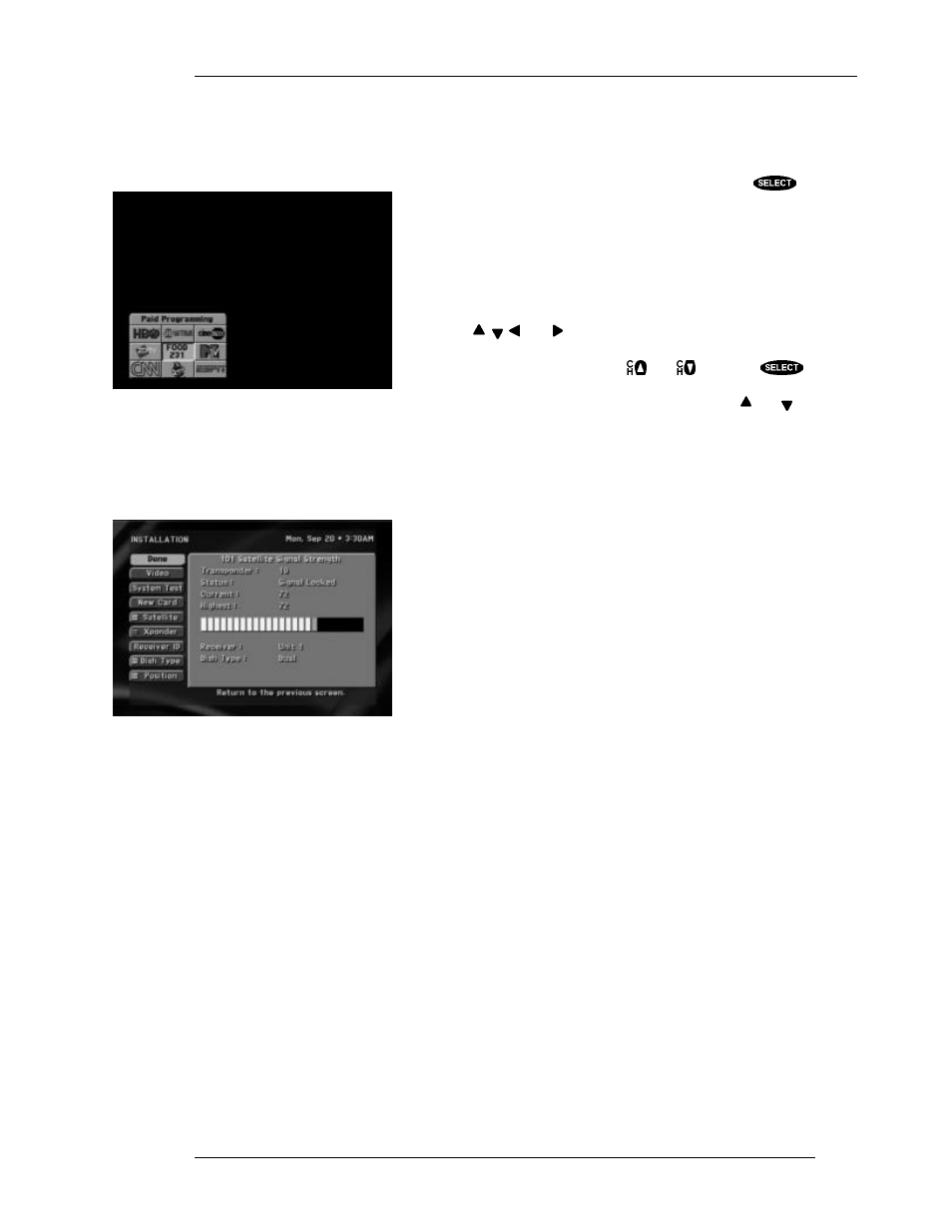 Turbotune, Installation, Things to do in the turbotune setup screen | Places to go from the installation screen, Set channel, System test, New card, Satellite, Transponder | DirecTV HIRD-E11 User Manual | Page 69 / 82