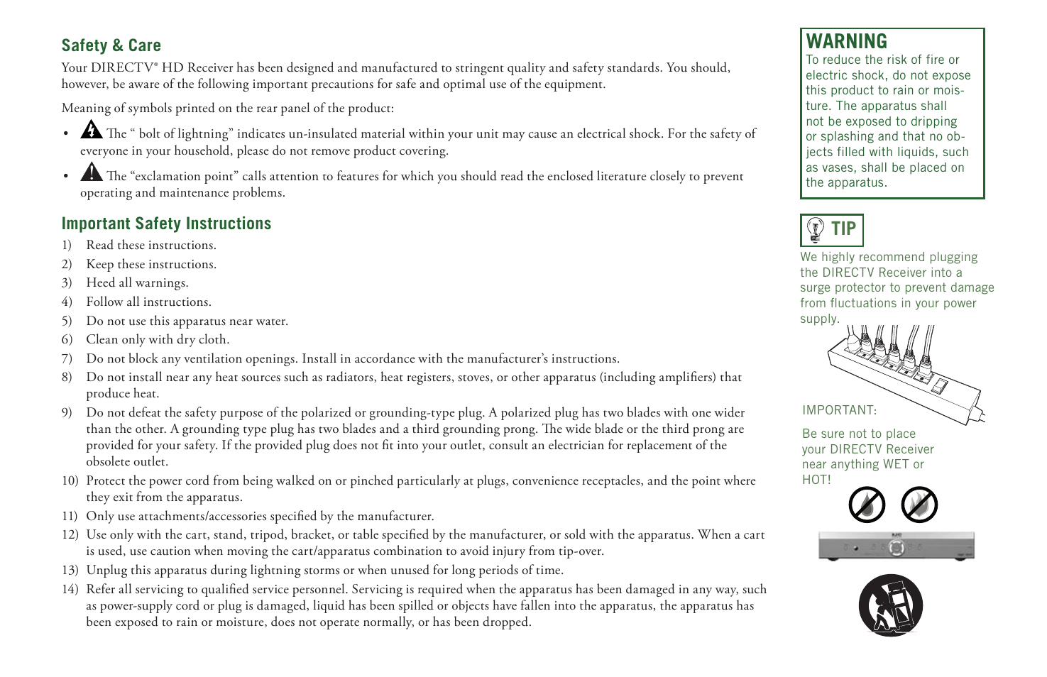 Warning, Safety & care, Important safety instructions | DirecTV User Manual H20 User Manual | Page 2 / 100