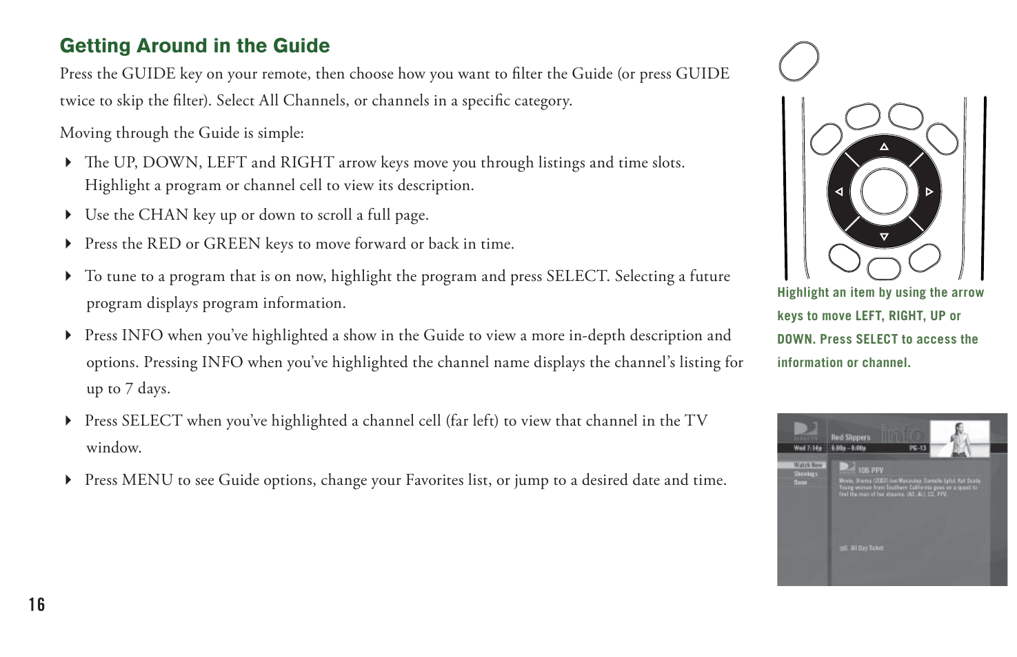 Getting around in the guide | DirecTV User Manual H20 User Manual | Page 24 / 100