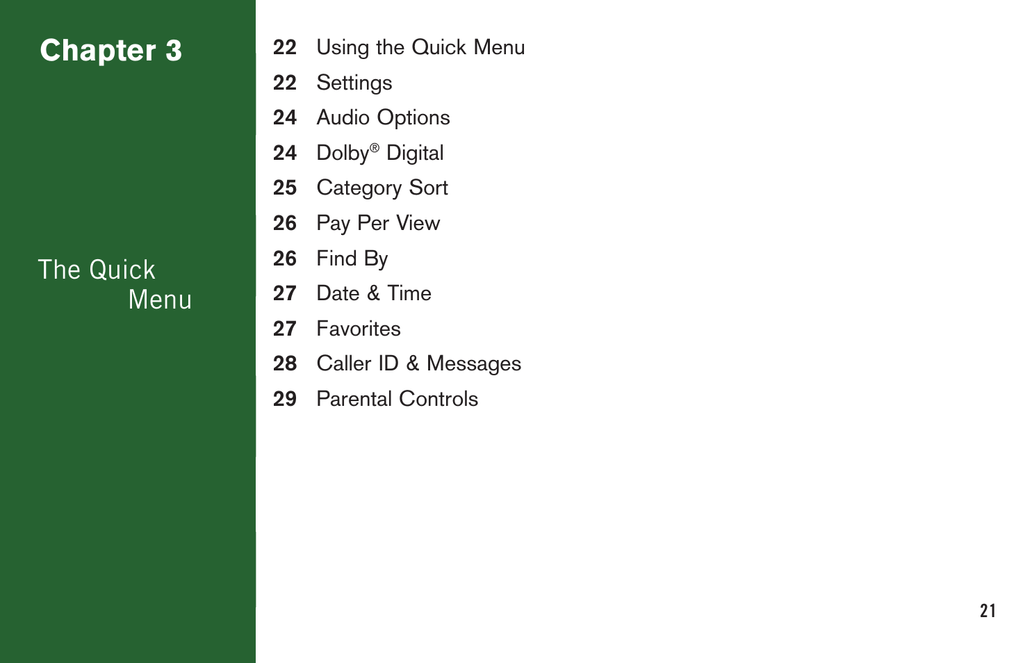 Chapter 3, The quick menu | DirecTV User Manual H20 User Manual | Page 29 / 100