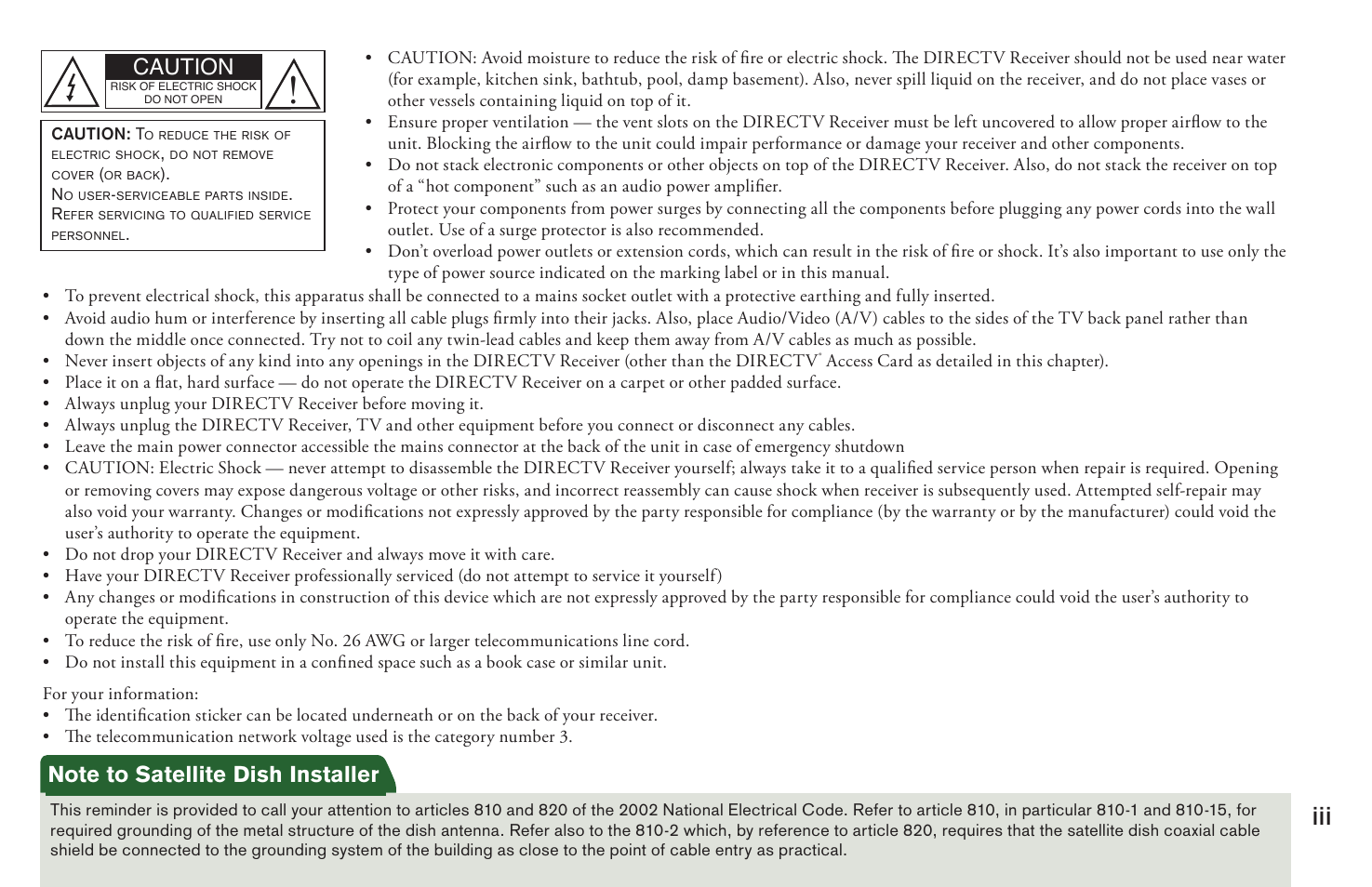 Caution | DirecTV User Manual H20 User Manual | Page 3 / 100