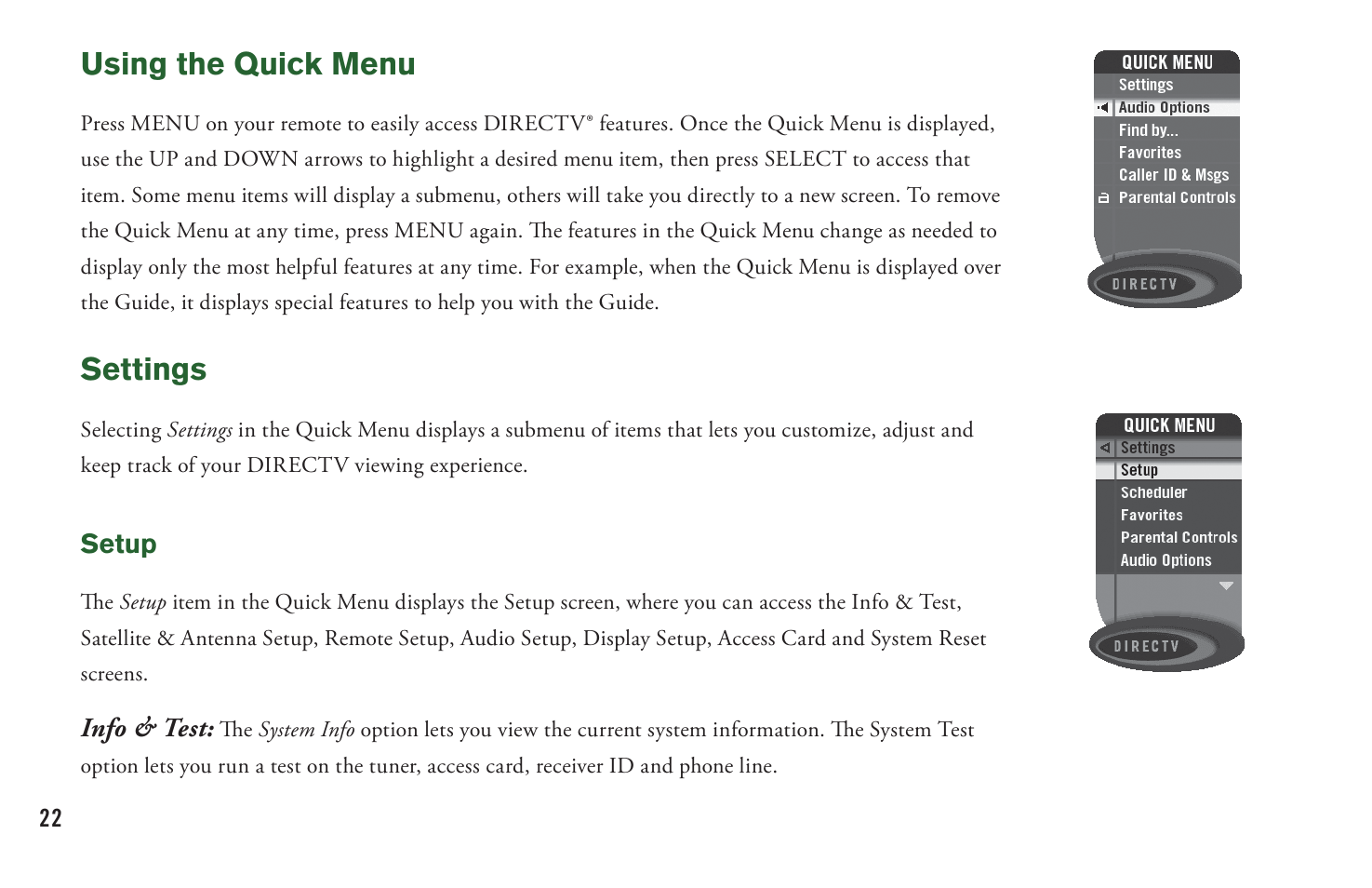 Using the quick menu, Settings | DirecTV User Manual H20 User Manual | Page 30 / 100