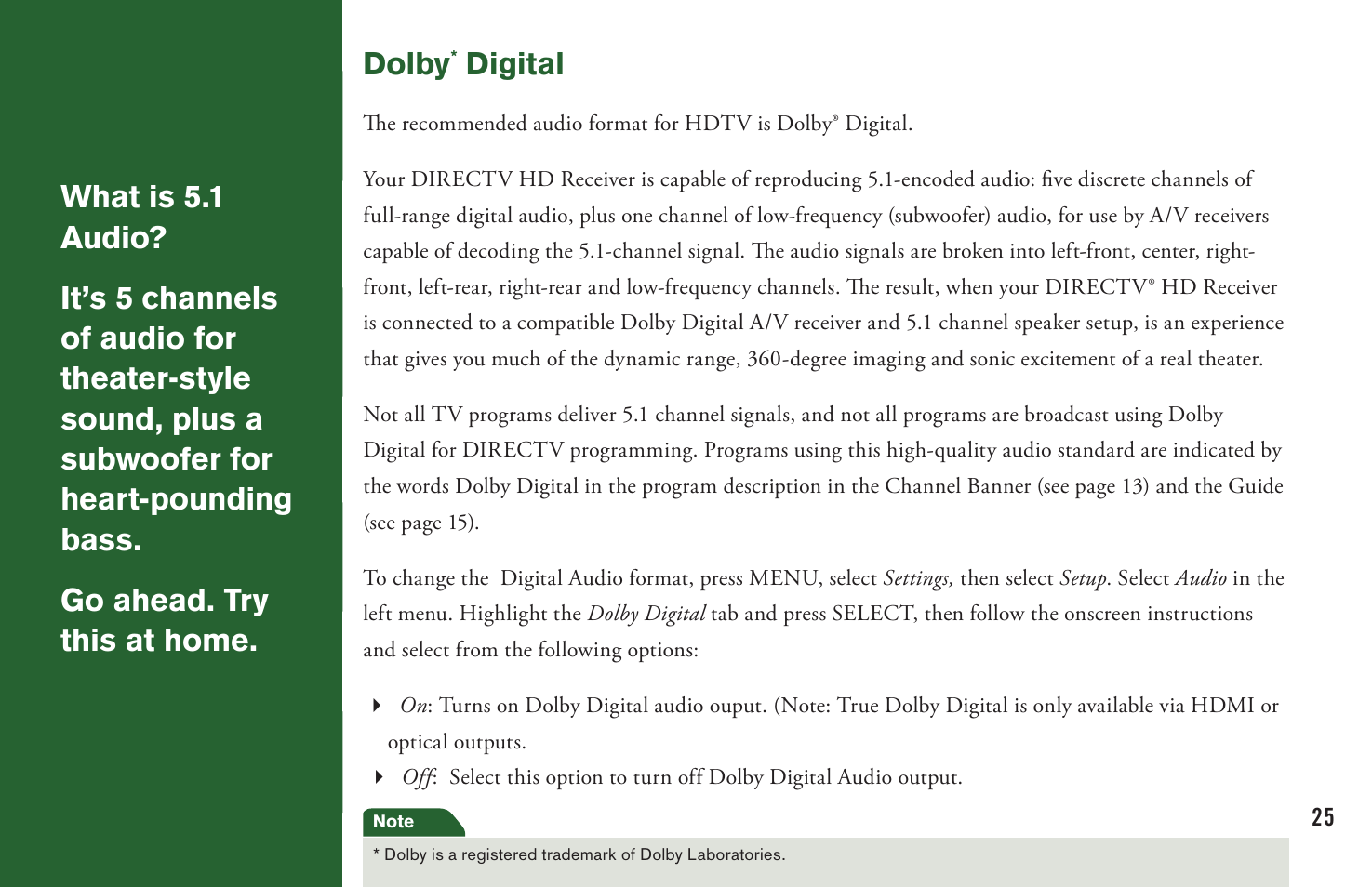 Dolby, Digital | DirecTV User Manual H20 User Manual | Page 33 / 100