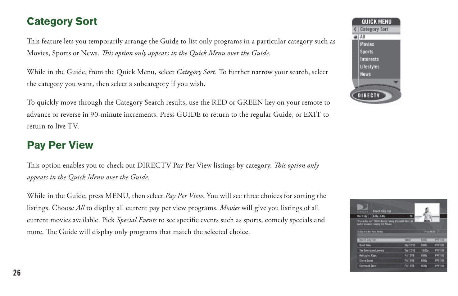 Category sort, Pay per view | DirecTV User Manual H20 User Manual | Page 34 / 100