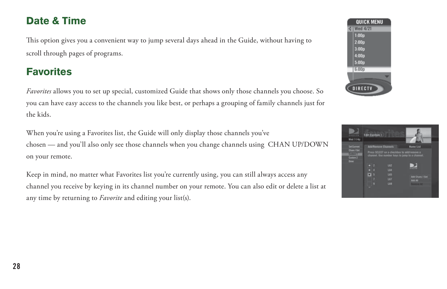 Date & time, Favorites | DirecTV User Manual H20 User Manual | Page 36 / 100