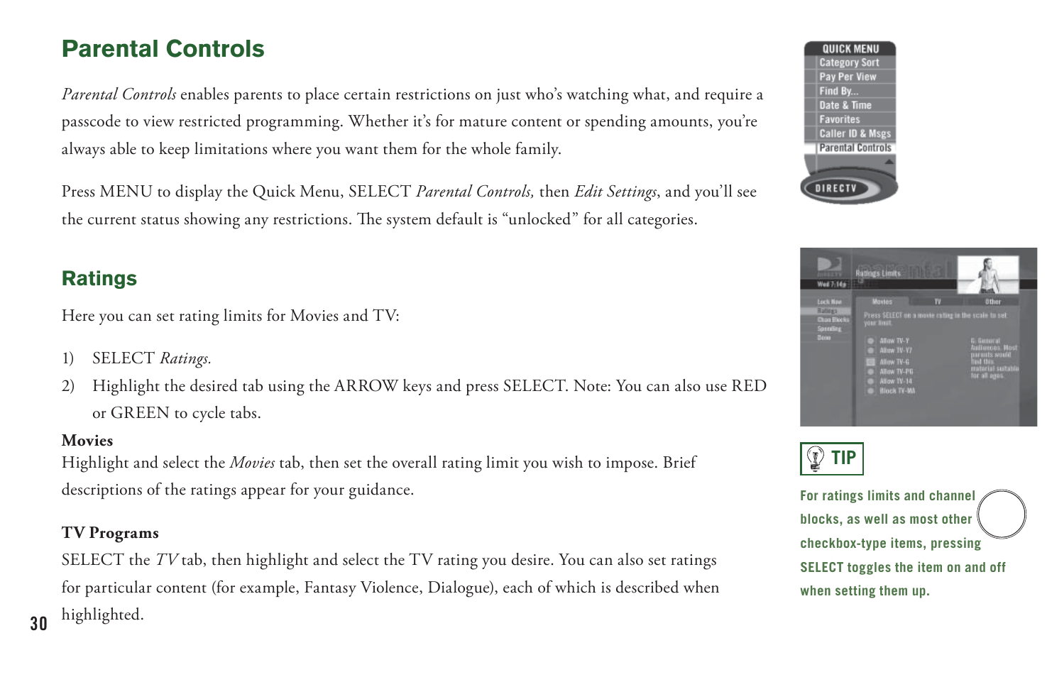 Parental controls, Ratings | DirecTV User Manual H20 User Manual | Page 38 / 100