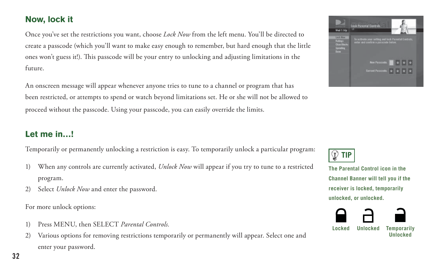 Now, lock it, Let me in | DirecTV User Manual H20 User Manual | Page 40 / 100