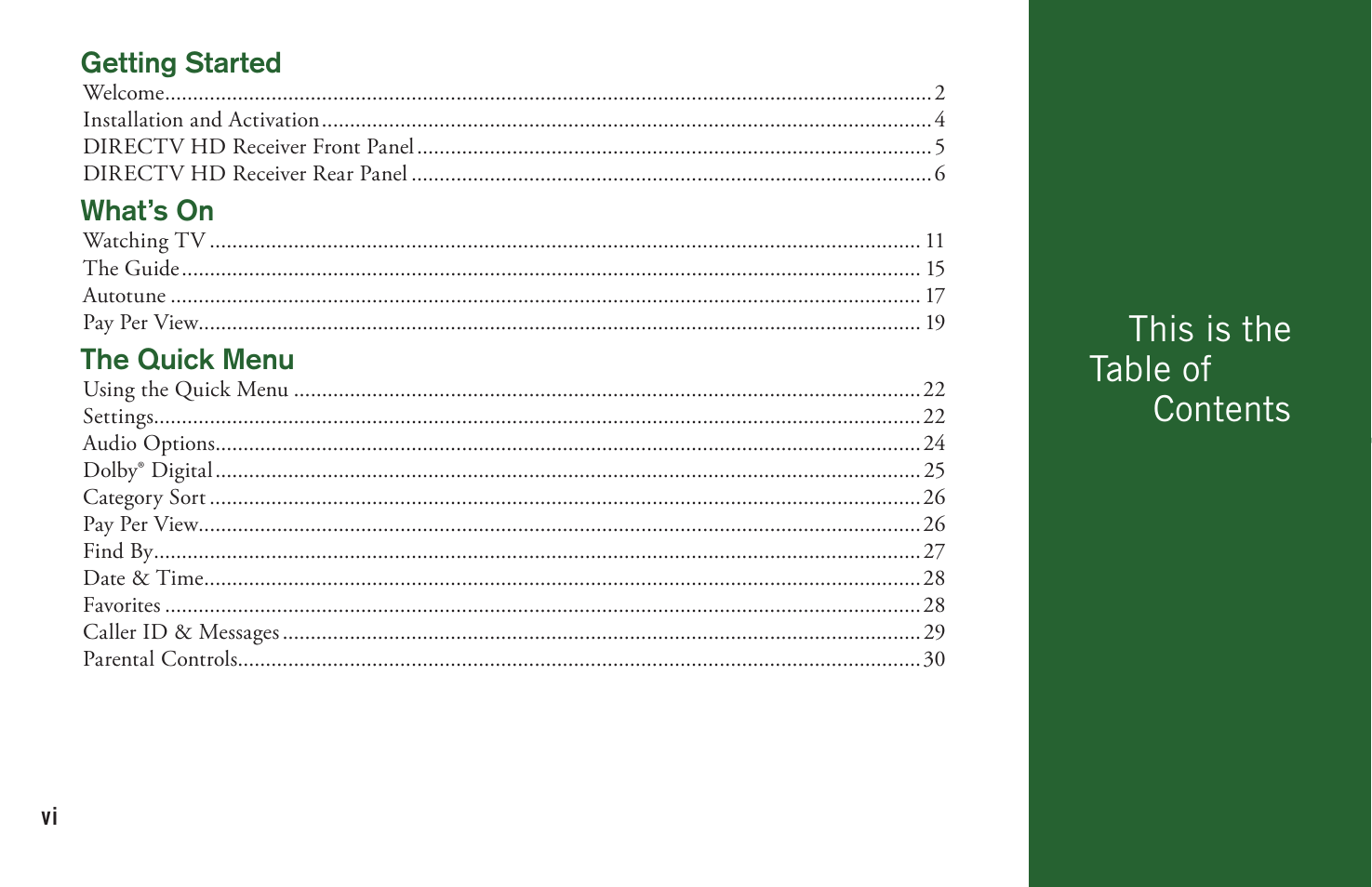 This is the table of contents | DirecTV User Manual H20 User Manual | Page 6 / 100