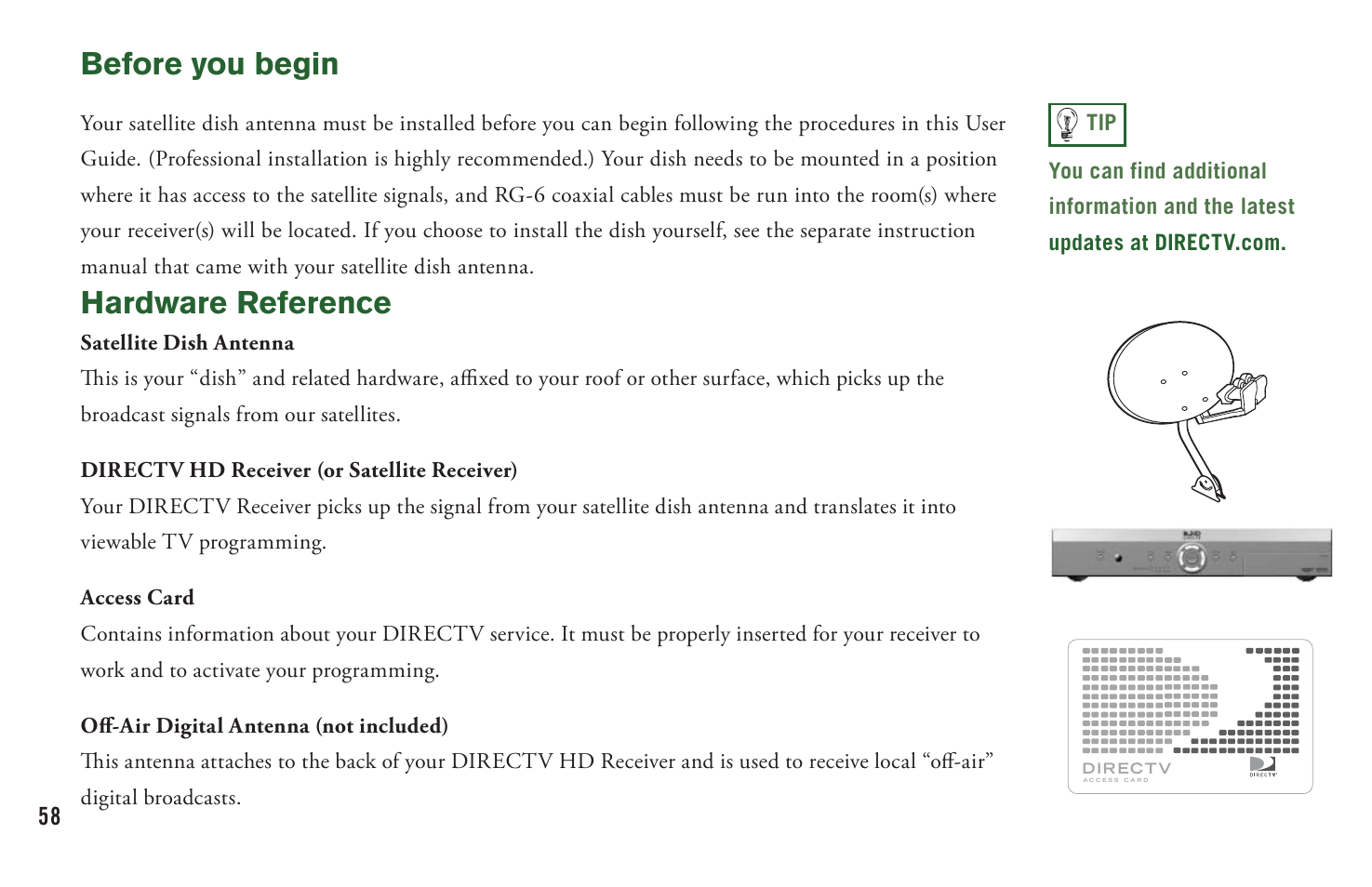 Before you begin, Hardware reference | DirecTV User Manual H20 User Manual | Page 66 / 100