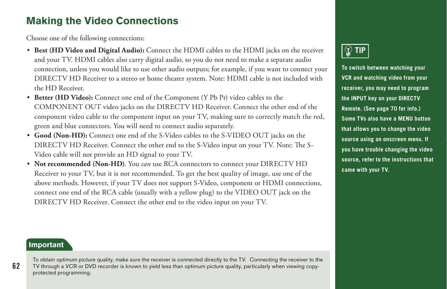 Making the video connections | DirecTV User Manual H20 User Manual | Page 70 / 100