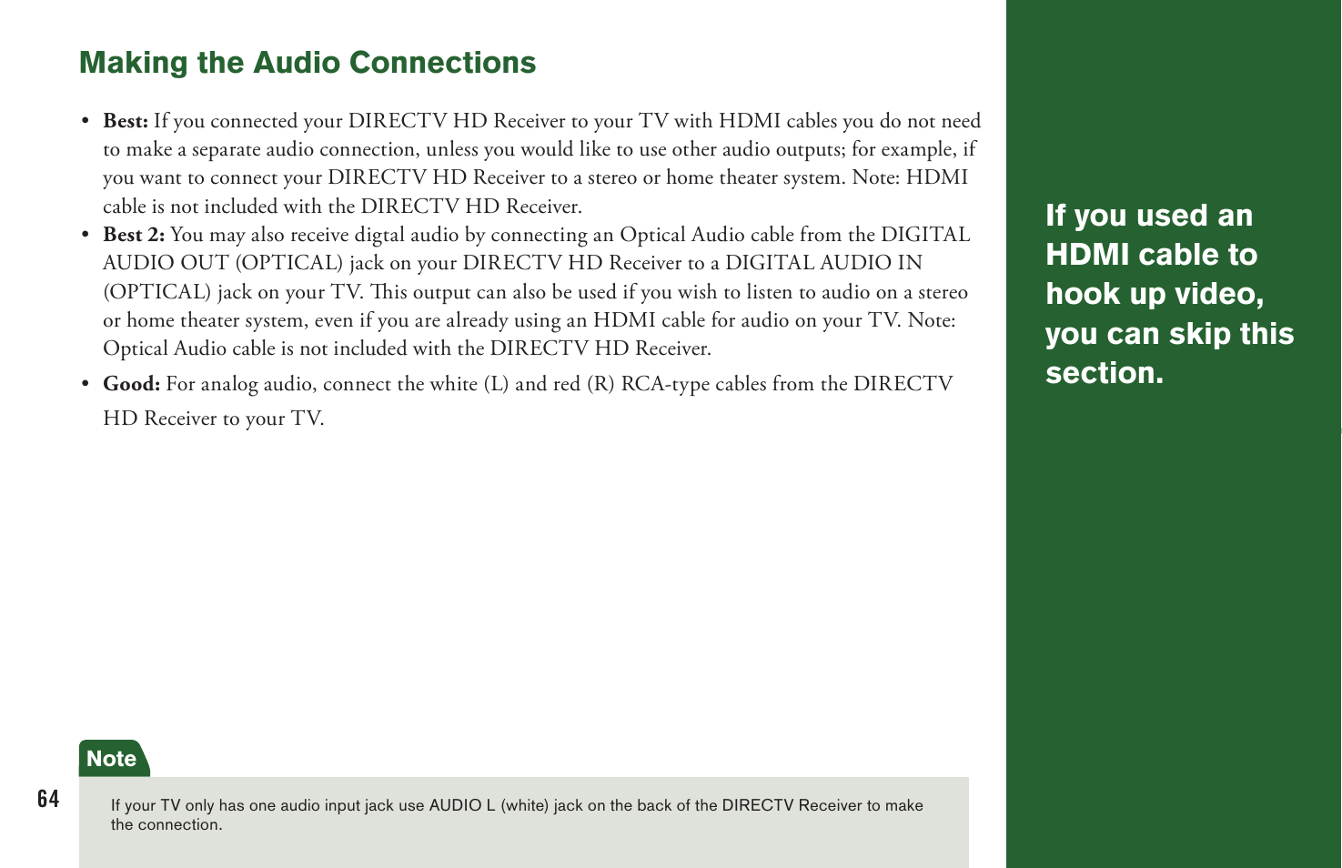 Making the audio connections | DirecTV User Manual H20 User Manual | Page 72 / 100