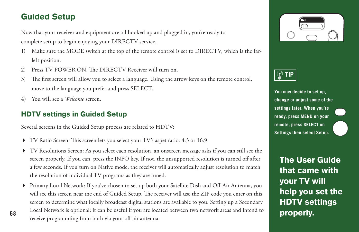 Guided setup, Hdtv settings in guided setup | DirecTV User Manual H20 User Manual | Page 76 / 100