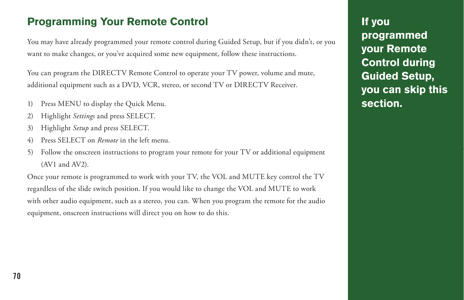 Programming your remote control | DirecTV User Manual H20 User Manual | Page 78 / 100