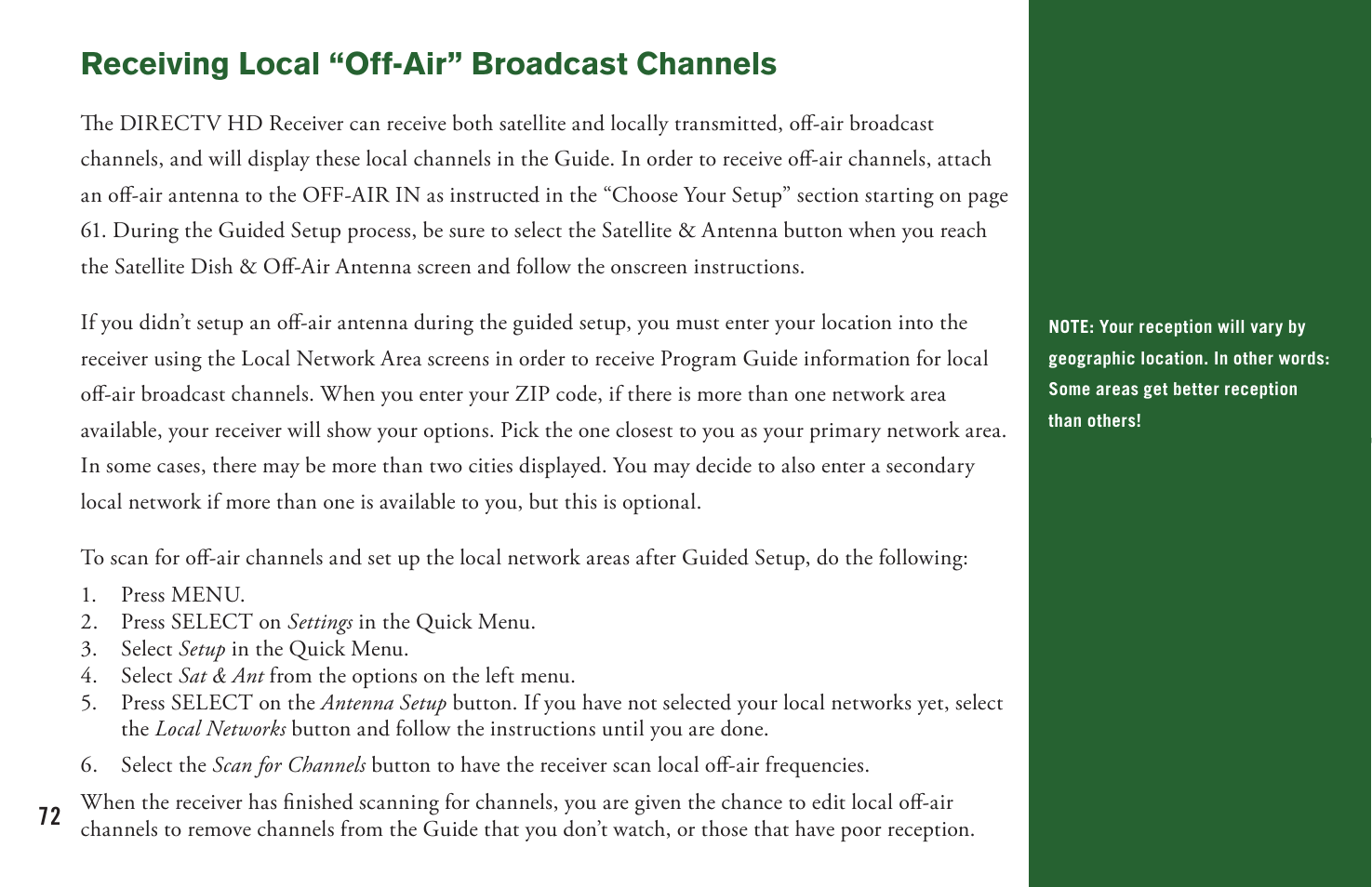 Receiving local “off-air” broadcast channels | DirecTV User Manual H20 User Manual | Page 80 / 100