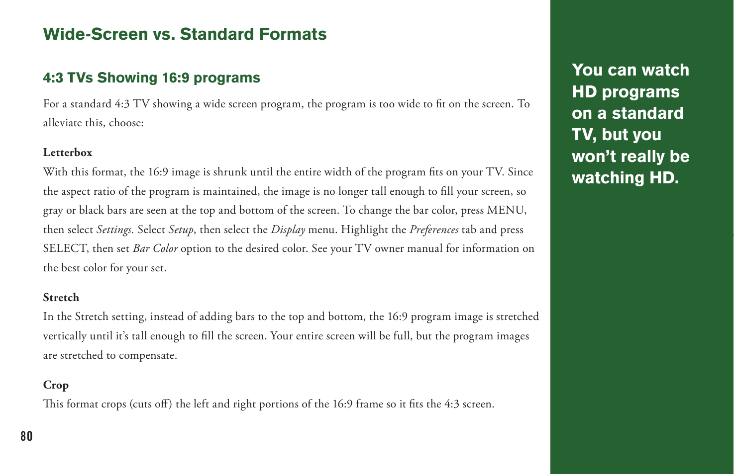 Wide-screen vs. standard formats | DirecTV User Manual H20 User Manual | Page 88 / 100