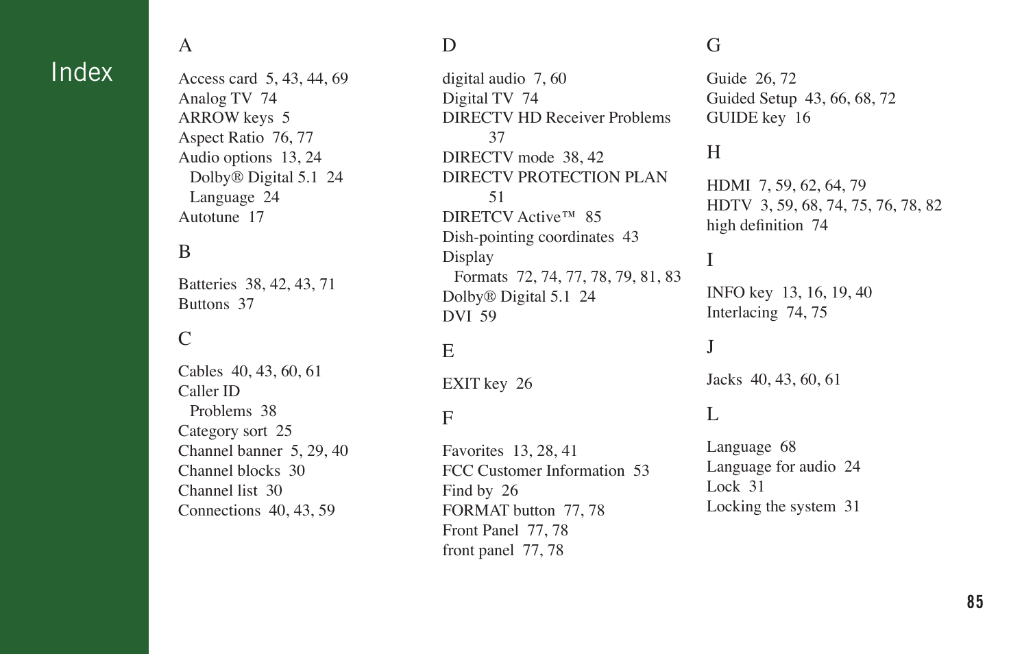 Index | DirecTV User Manual H20 User Manual | Page 93 / 100