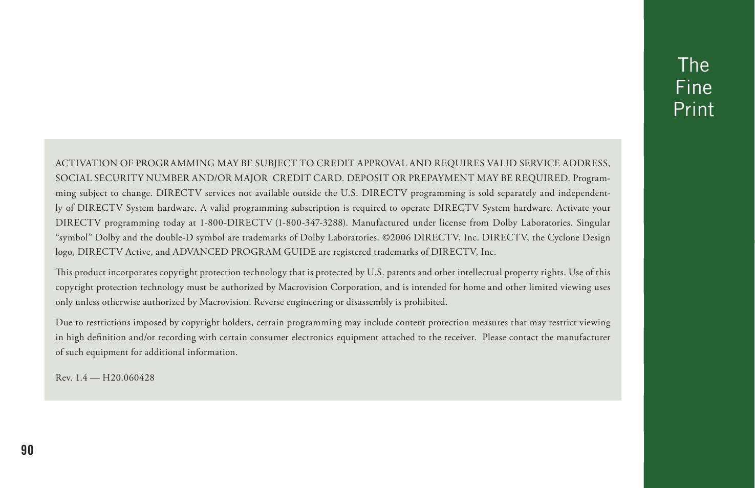 The fine print | DirecTV User Manual H20 User Manual | Page 98 / 100