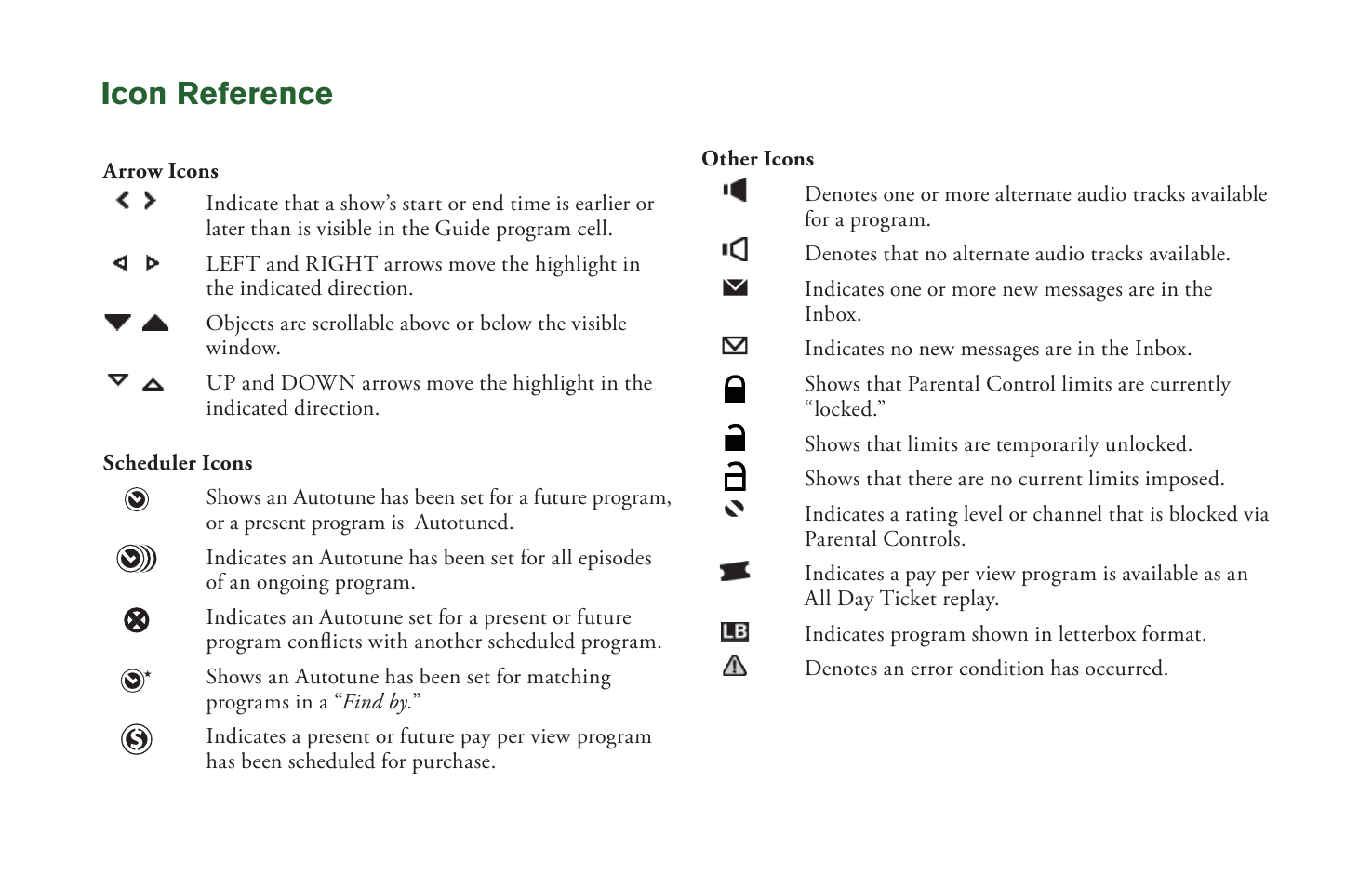 Icon reference | DirecTV User Manual H20 User Manual | Page 99 / 100