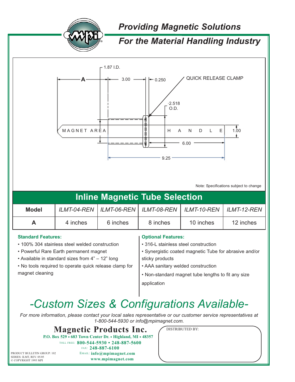 Custom sizes & configurations available, Inline magnetic tube selection | Magnetic Products ILMT Series Inline Magnetic Tube User Manual | Page 2 / 2