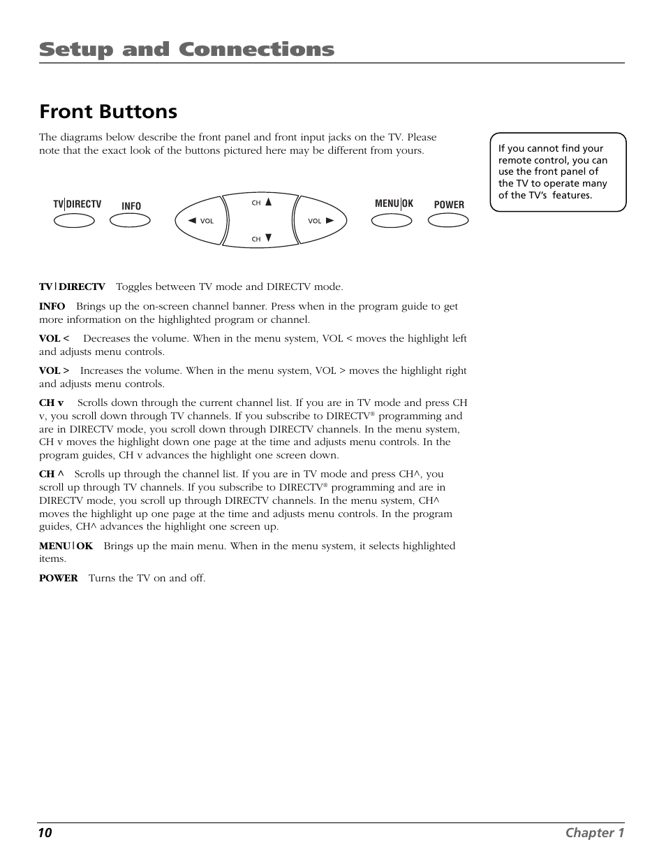 Front buttons, Up and down, Input jacks | Of the tv, Panel, Button on front panel, Menu button, Modes, Power button, And directv button on remote | DirecTV HD65W20 User Manual | Page 14 / 100