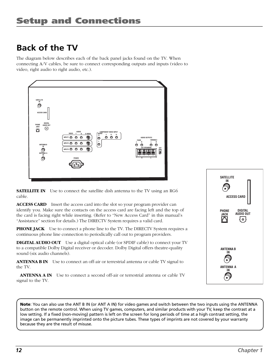 Back of the tv, Access card, Antenna in jacks | Cables, Digital audio out jack, Jacks, In jack, Games, Setup and connections, 12 chapter 1 | DirecTV HD65W20 User Manual | Page 16 / 100