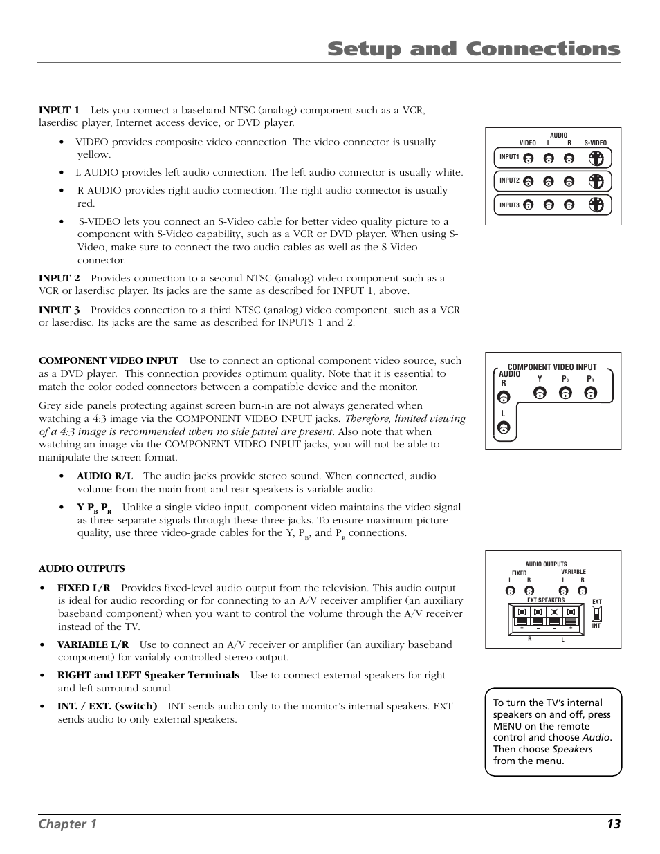 Variable out jack, And rear speaker jacks, Speaker int./ ext. switch | 1 jacks, 2 jacks, 3 jacks, Setup and connections, Chapter 1 13 | DirecTV HD65W20 User Manual | Page 17 / 100