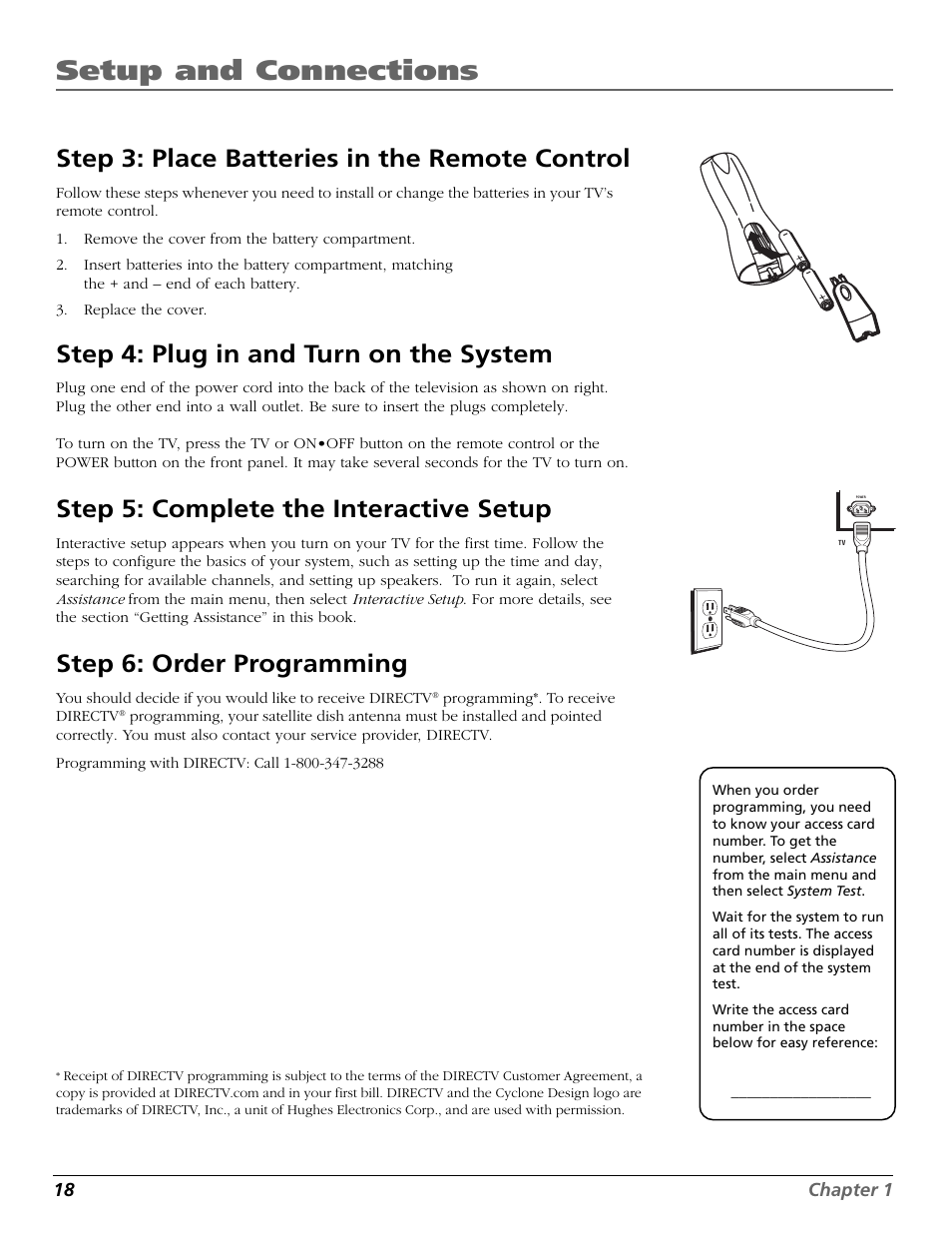 Step 3: place batteries in the remote control, Step 4: plug in and turn on the system, Step 5: complete the interactive setup | Step 6: order programming, Number, Batteries, Button, Interactive setup, Setup and connections | DirecTV HD65W20 User Manual | Page 22 / 100